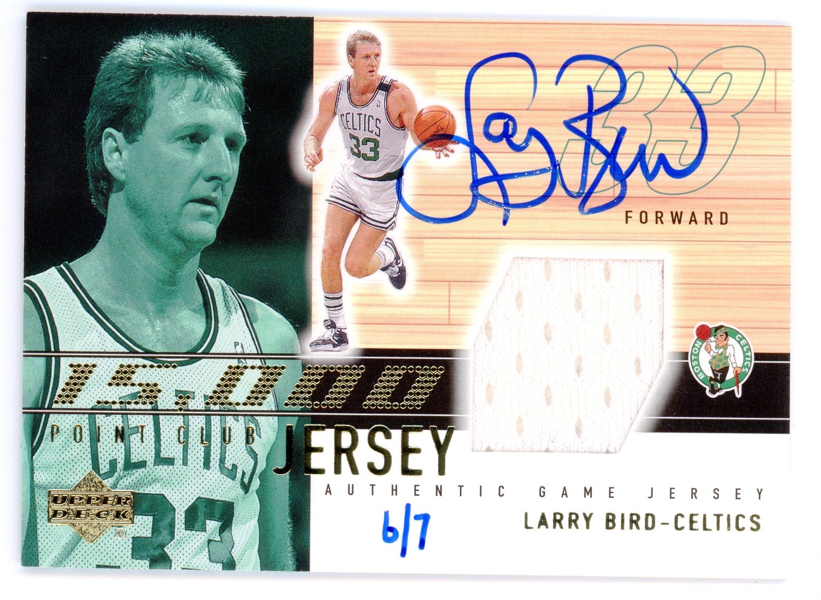 2002 Upper Deck Larry Bird LB-15k Game Used Patch On Card Auto 6/7 RARE & CLEAN view 1