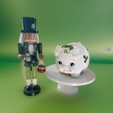 Vtg ‘03 Wooden Irish Nutcracker 14” Gold Pot & Vtg ‘88 Piggy Bank W/ Shamrocks