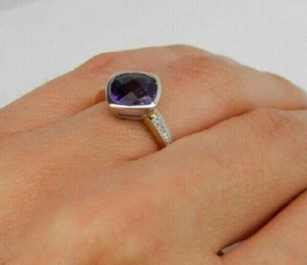 Anillo de compromiso solitario amatista corte cojín 3 quilates acabado oro dos tonos 14K Foto 4 de 4
