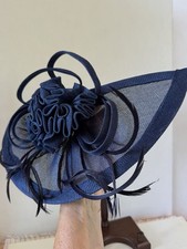 Derby Tea Party Hat In Navy Blue Woven And Feathers And Mesh Barrette Fasting