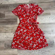J.Crew Red Floral Wrap Dress Short Sleeve V Neck Tie Waist Size 2