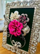 Vintage Jewelry Collage Art Featuring Flowers & Rhinestones. 8.5” x 6.5” Framed.
