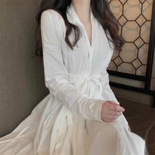 Women Asymmetrical Shirt Dresses Midi Long Sleeve V-neck Slim Belt White Casual