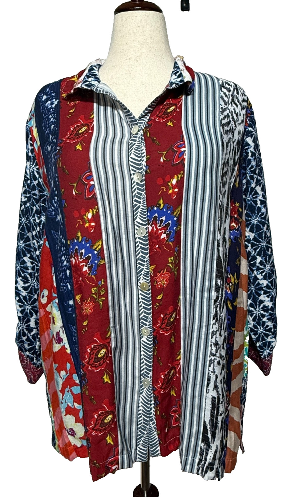John Mark Top OX=16W Red Blue Patchwork Wire Coll… - image 2