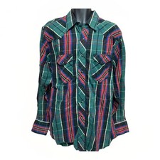 Vintage Wrangler Mens Western Shirt Size 17.5 35 Striped Mens Pearl Snap