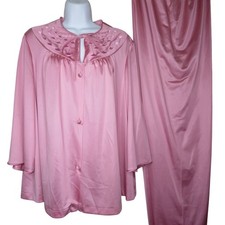 Vintage JCPenney Pink Nylon Pajama Set Embellished Collar Button-Up Top Size L