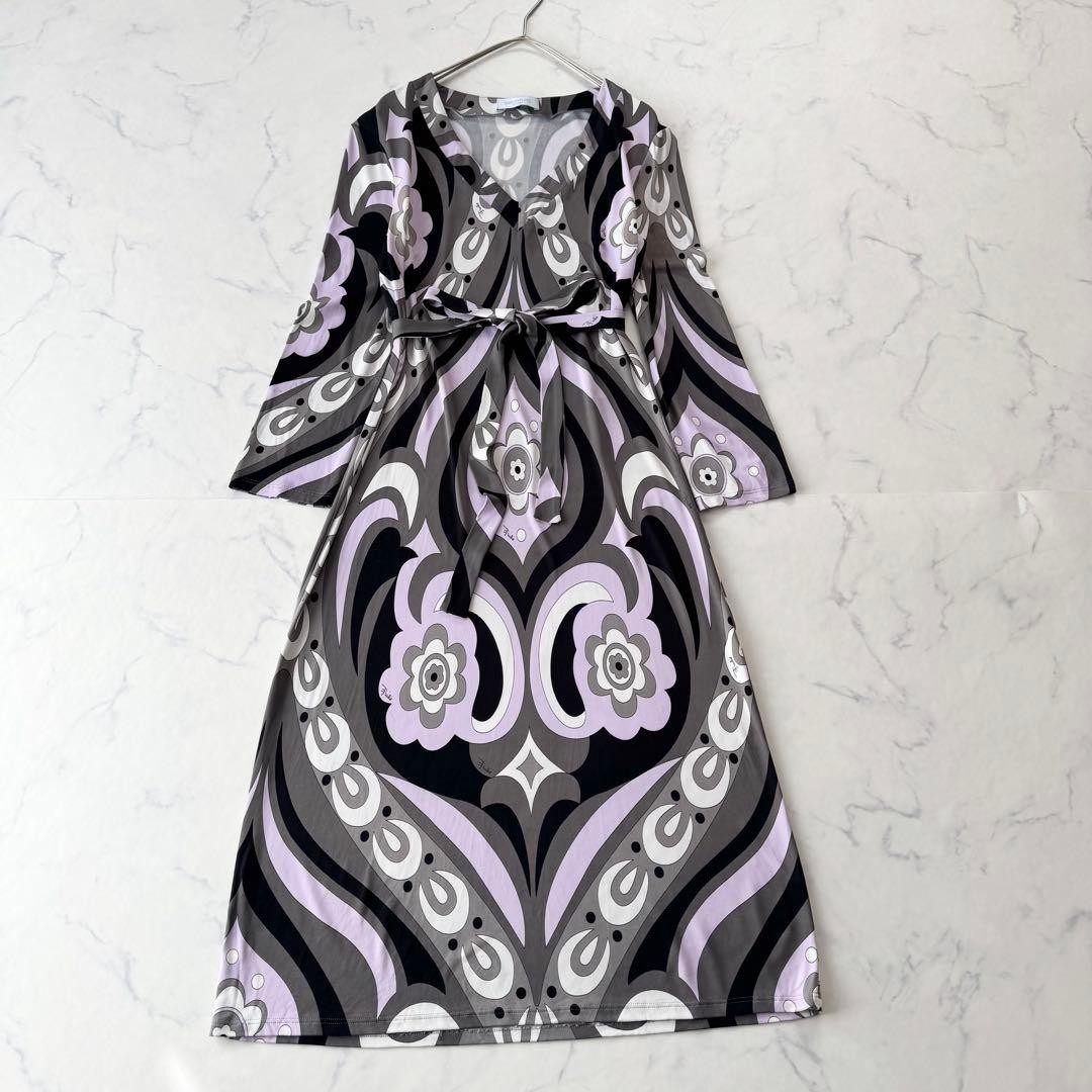 EMILIO PUCCI Dress Floral Print Belted Long Sleeve A-Line 101.5cm Gray  Lavender | eBay
