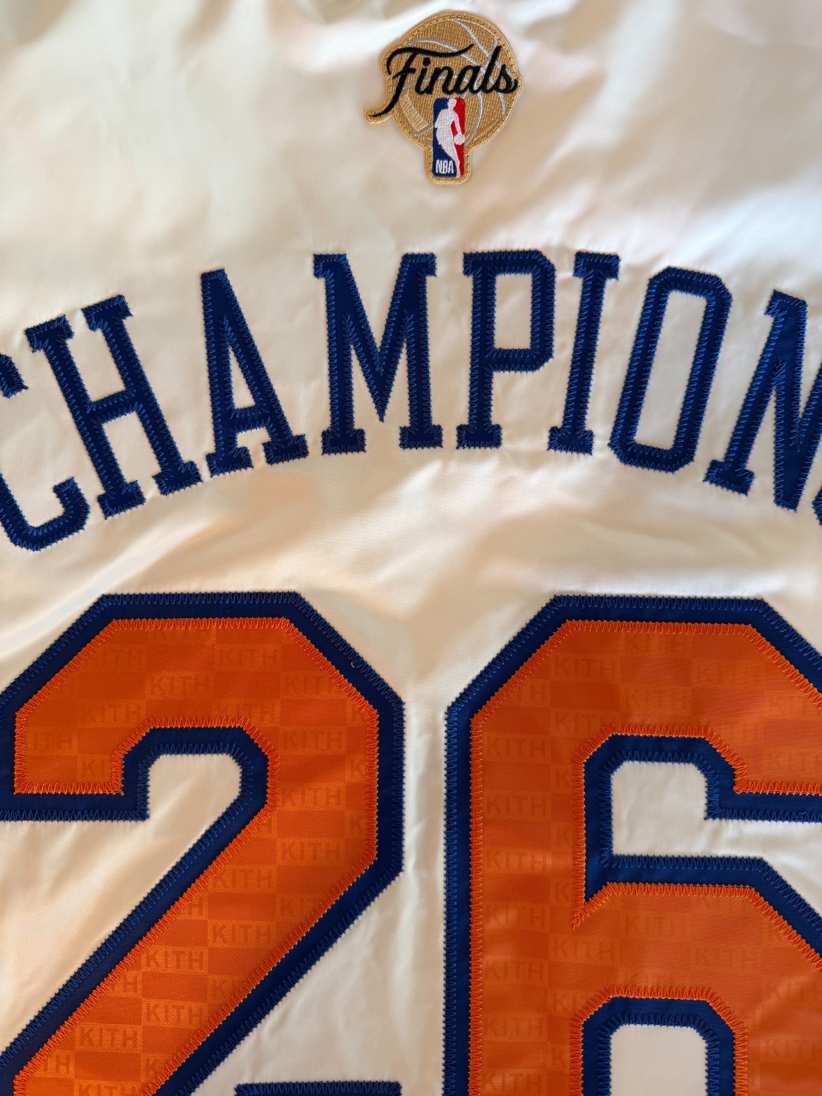 Kith Knicks 2026 NBA Champions Satin Bomber Jacket Cream Sandrift XL NWT In Hand - second product detail image