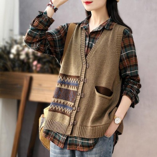 Women Retro Knitted Vest Waistcoat 