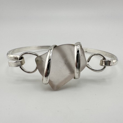 Pale Pink Sea Glass Handmade Modern Minimalist Silver Tone Bangle 7” Bracelet - Picture 3 of 5