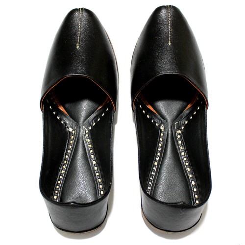 Men's Black Leather Handmade Mojari Jutti Nagra Shoes Traditional Punjabi