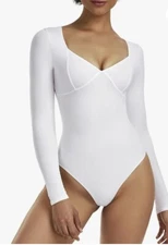 White Freehut bodysuit long sleeve NWT size M square V neck