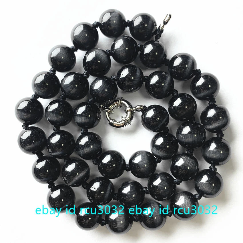 Collar de piedras preciosas cuentas redondas ojo de gato ópalo negro natural de 10/12 mm 20" AAA Foto 3 de 4