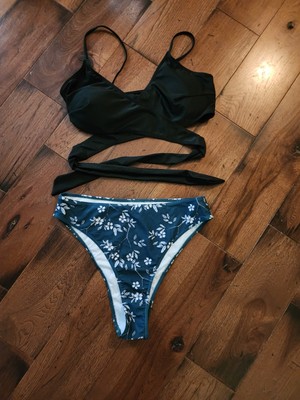 SheIn bikini Size 1xL / 14 Print Bottoms, Solid Wrap Style Halter Top 2 PC 
