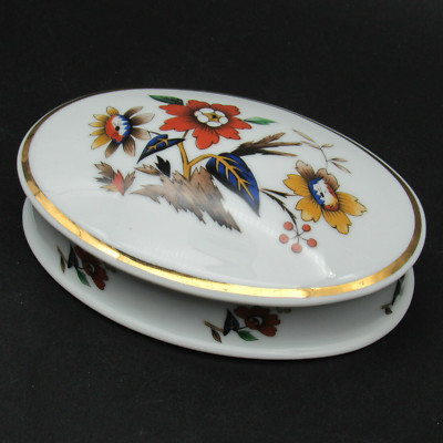 J&M Limoges Trinket Box, Vintage Flowers, Porcelain Oval, Gold Trim, France