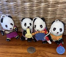 Vintage Crochet Black White 3 Panda Bear Christmas Ornaments Set of 4