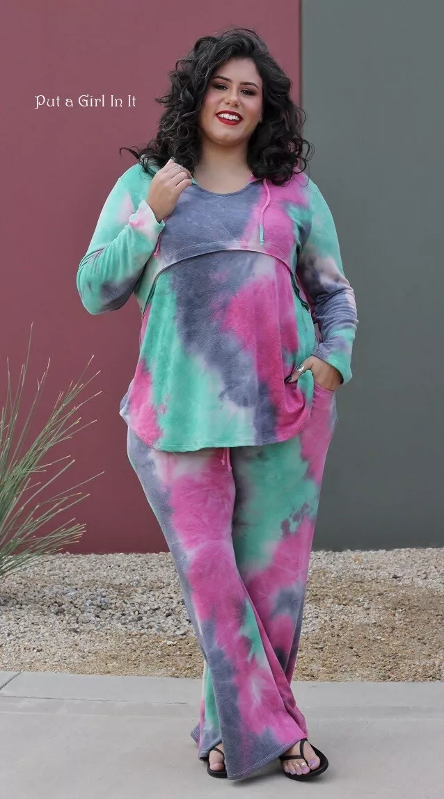 New PLUS SIZE Womens SOFT PINK TIE DYE LIGHT HOODED LOUNGE SWEATSUIT SET 1X  2X | eBay
