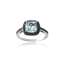 952 Silver 2.25ct Blue Topaz  Black Spinel Square Ring