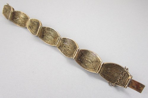 EXQUISITE CHINESE EXPORT FILIGREE STERLING SILVER TIGER'S EYE BRACELET - Picture 6 of 7