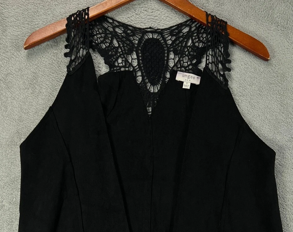 Chaleco boho UMGEE negro imitación gamuza ribete de encaje pequeño para mujer chalecos festival boho tops Foto 2 de 4