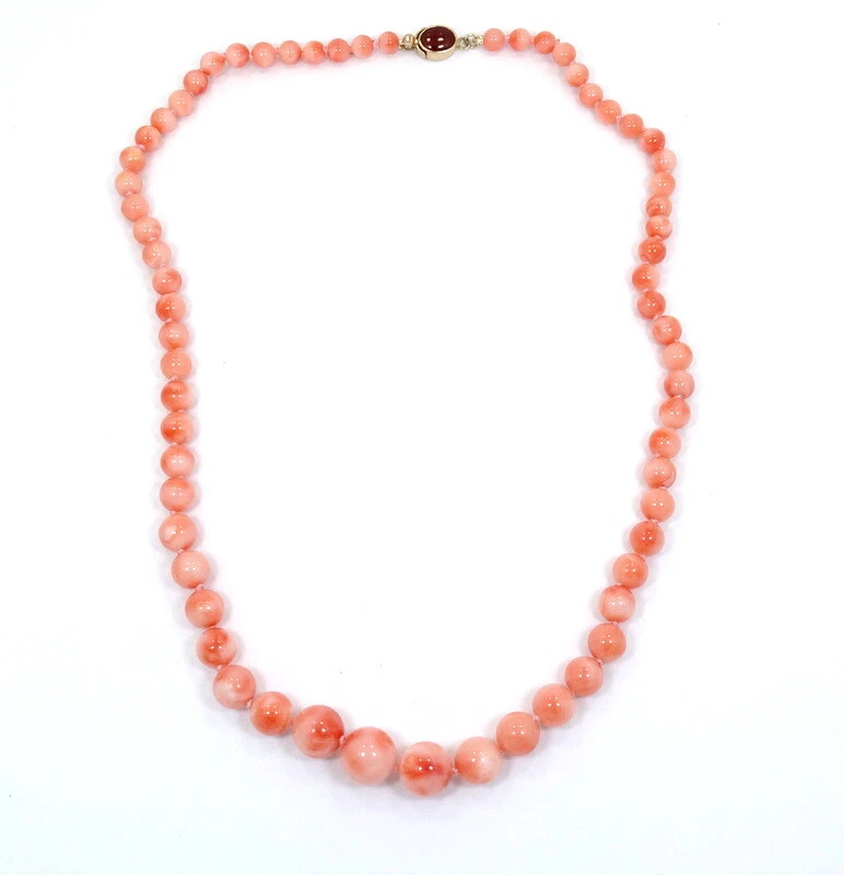 Supreme ANGELSKIN CORAL Graduated Bead Strand 14k Gold RED JADE Clasp Necklace