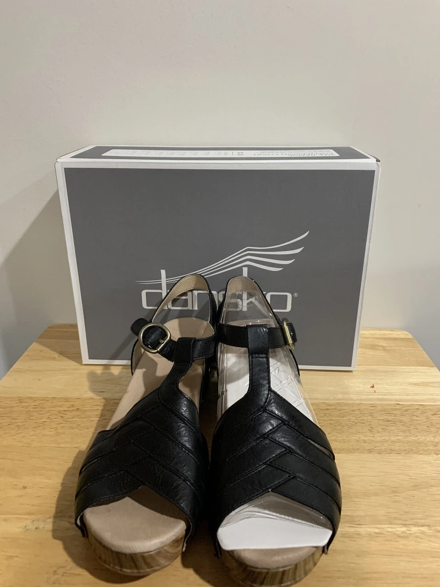 Dansko Mara Black Burnished Calf Leather Block Heel Sandal Size