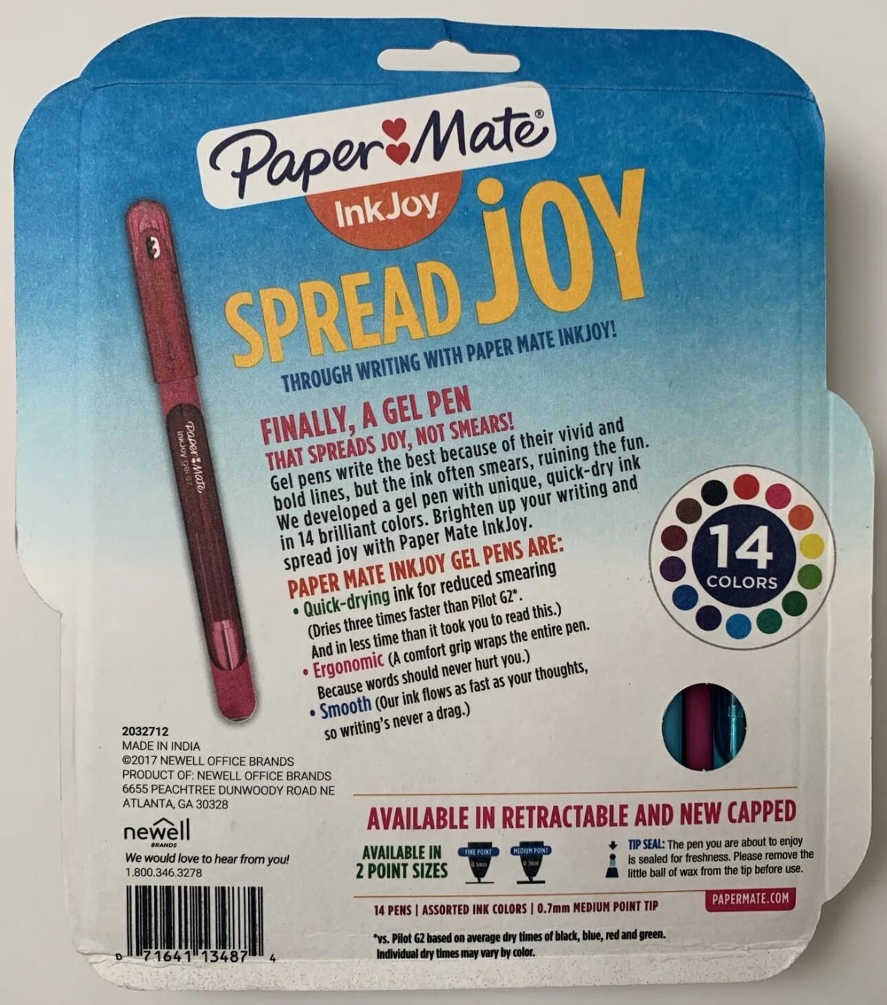 Paper Mate InkJoy Gel Pens, Comfort Grip,0.7 mm, Assorted Colors, Pack of 14 NEW
