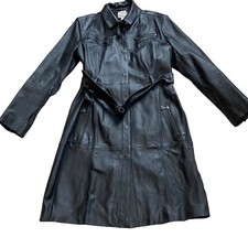 Vintage Leather Etam Women Black Soft Buttery Real Leather Coat Size 14 Y2k