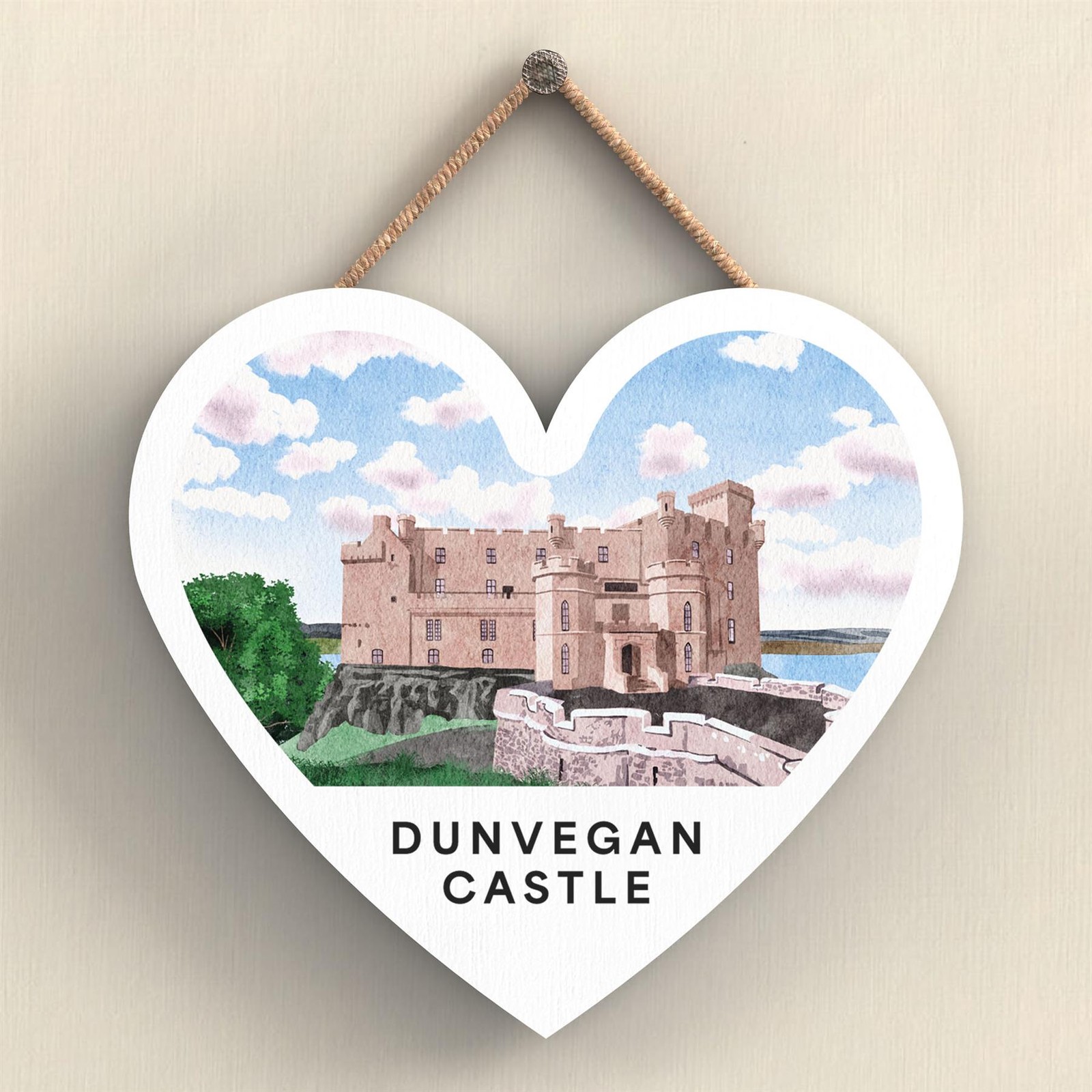 Dunvegan Castle Scotlands Landscape Illustration Wooden Heart Hanging Plaque