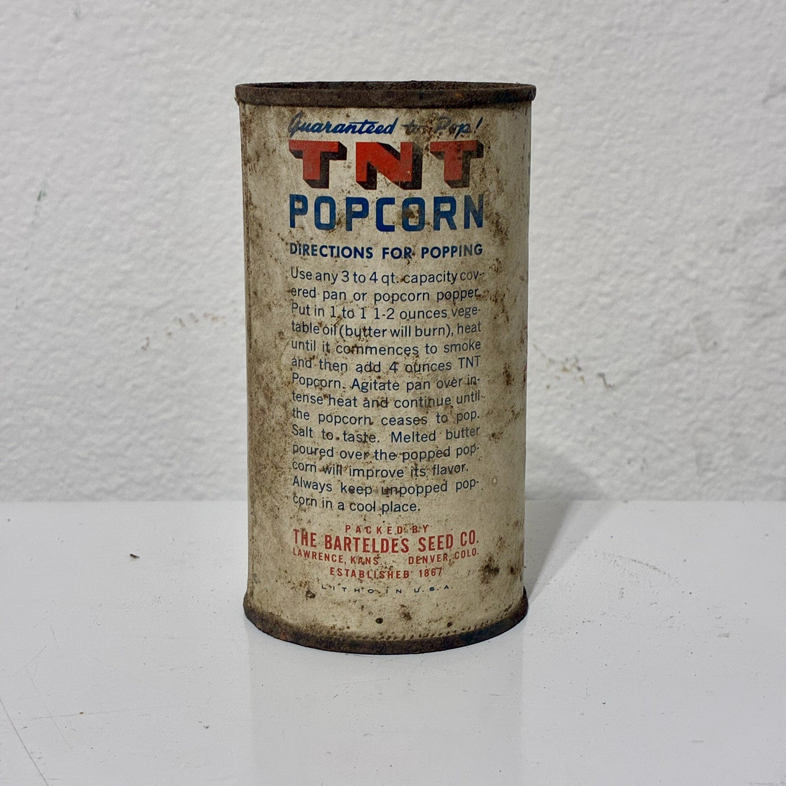 Vintage Popcorn Can Barteldes TNT Tender Nutritious Tasty Pop Corn White