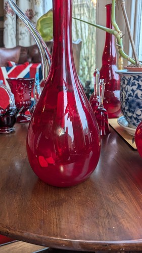 Hand Blown Large Empoli ? Glass Jug Pitcher Deep Red Handle Stunning Vintage - Picture 5 of 14