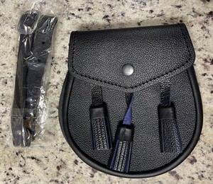 NEW Scottish Black LEATHER Kilt SPORRAN & Belt Celtic Renaissance Highland Irish
