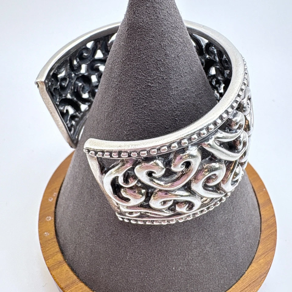 Sterling Silver 925 Openwork Scroll Design Beaded Border Cuff Bracelet 7.5" Fit - Image 4 of 4