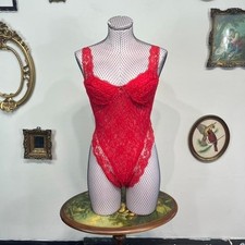 Vintage Red Lace Bodysuit Teddy   Romantic Sheer Floral Lingerie