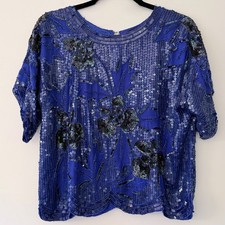 Vintage Silk Beaded Sequins Royal Blue Fancy Scalloped Party Festive Blouse MED