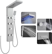 Gebürstetes Duschpaneel ohne Armatur mit LED, 4 Funktionen - Regendusche, 6 x...