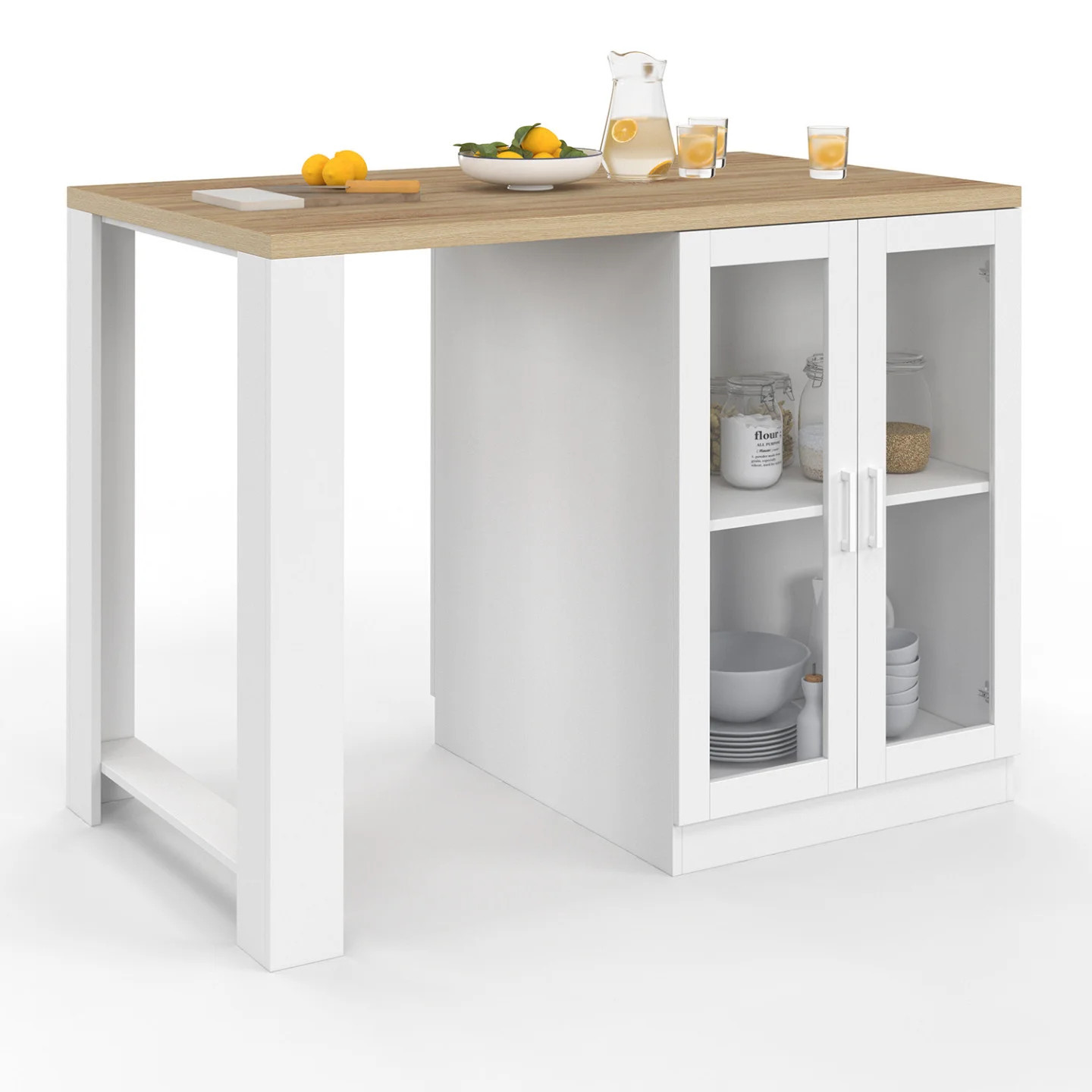 Ilot central LINO en bois blanc et hêtre 120 cm pour cuisine de 2 personnes