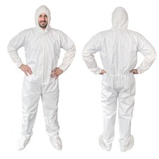 EZGOODZ White Hazmat Suits, Small. Pack of 5 Waterproof MPP Disposable Coveralls