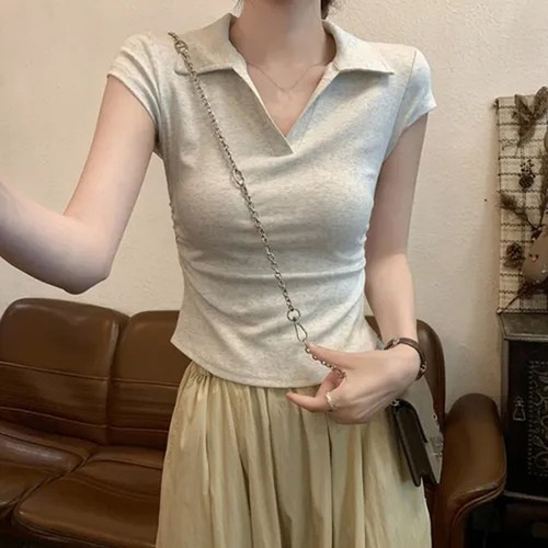 Women's Fashionable Solid Color Short Sleeve Top with Lapel and Waist Cinching - Picture 2 of 16