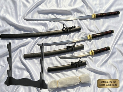 Carbon Steel Samurai Sword katana 3PC Set Katana,Wakizashi,Tanto sharp and Stand