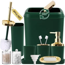 Dark Green Bathroom Accessories Set, Green and Gold Bathroom Accessories with...