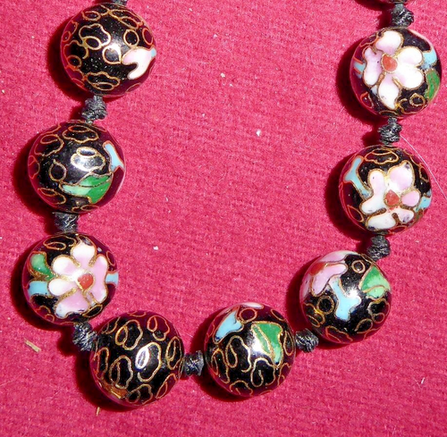 Vintage Cloisonne Beaded Necklace Pink Flowers Gold Tone Clasp Knotted Cord 30" - Picture 2 of 5
