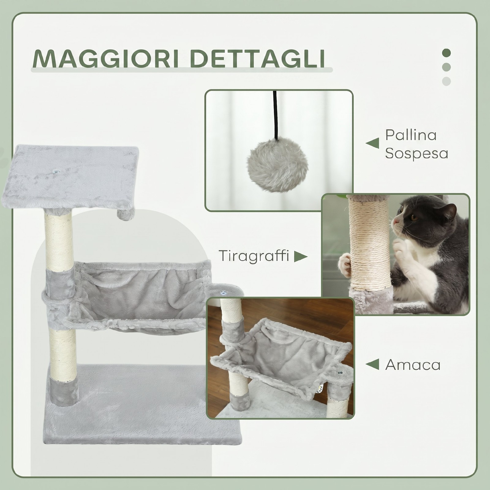 Albero Tiragraffi per Gatti Multilivello con Amaca e Pallina Appesa in Legno e P foto 5