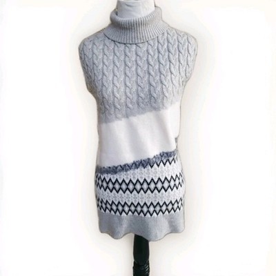 Worth New York Twisted Cable 100% Wool Turtleneck Sweater Sleeveless Gray Sz M