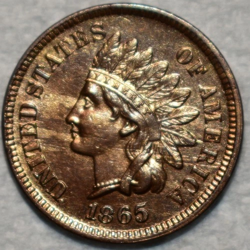 Uncirculated 1865 Plain 5 Indian Head Cent, Sharp specimen.