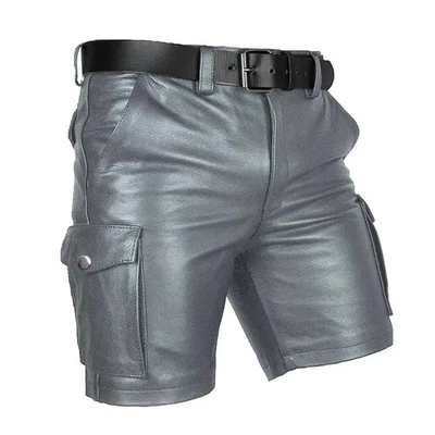 Short en cuir de motard gris cargo pour hommes | Short rayé en cuir de mouton... - Photo 1/4