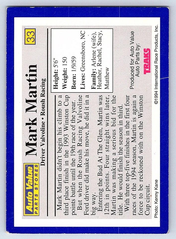 1994 Traks Auto Value #33 Mark Martin Roush Racing - Image 2 of 2