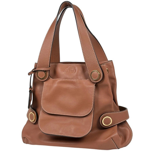Loewe Logo Shoulder Bag Leather Brown Women's Used Stylish Gift Idea