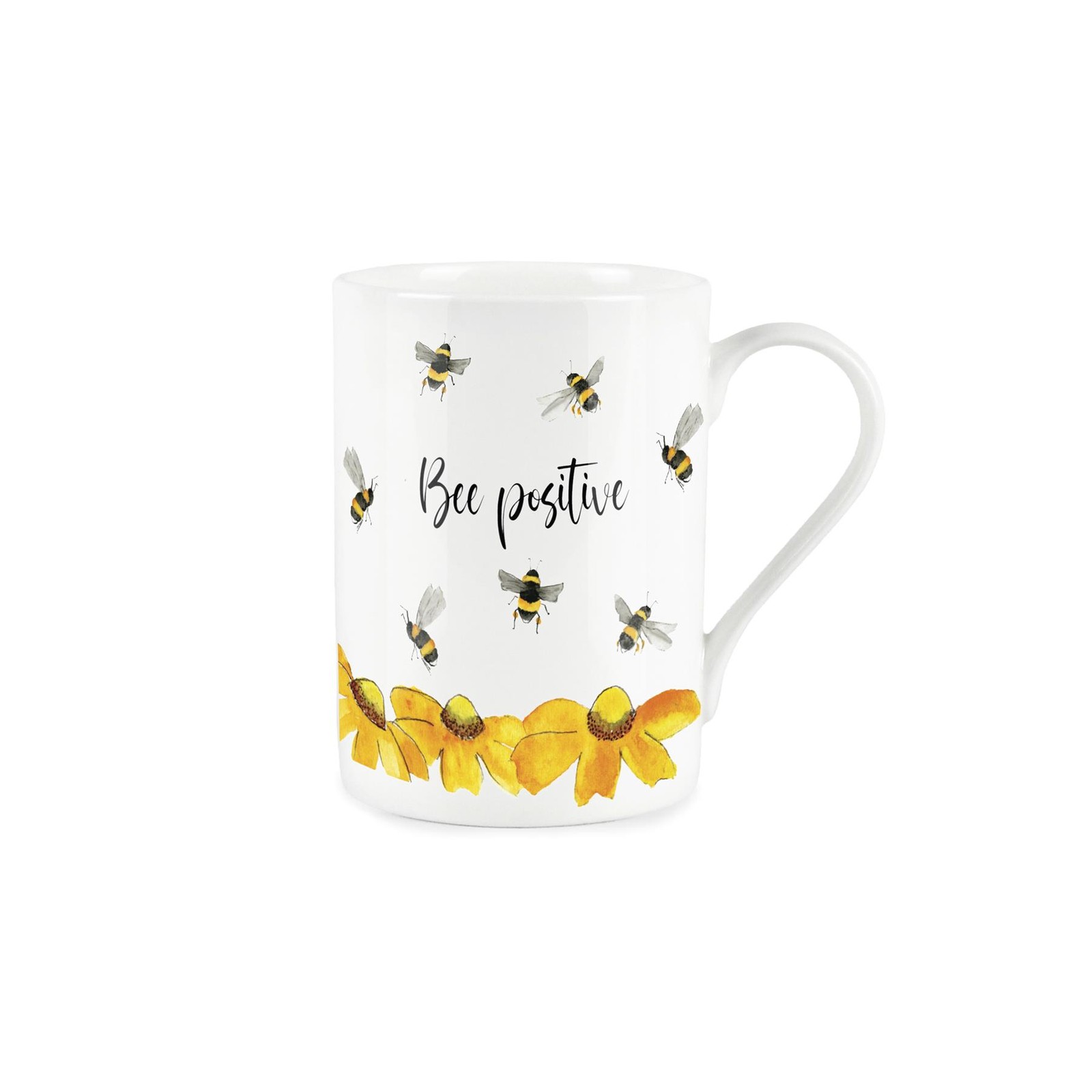 Bone China Mug - 'Bee Positive' Flying Bee & Flower Watercolour Tea/Coffee Cup