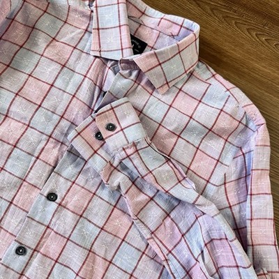 Johnnie O Top Shelf Long Sleeve Hoser Button Shirt Men Medium Pink Plaid Taffy